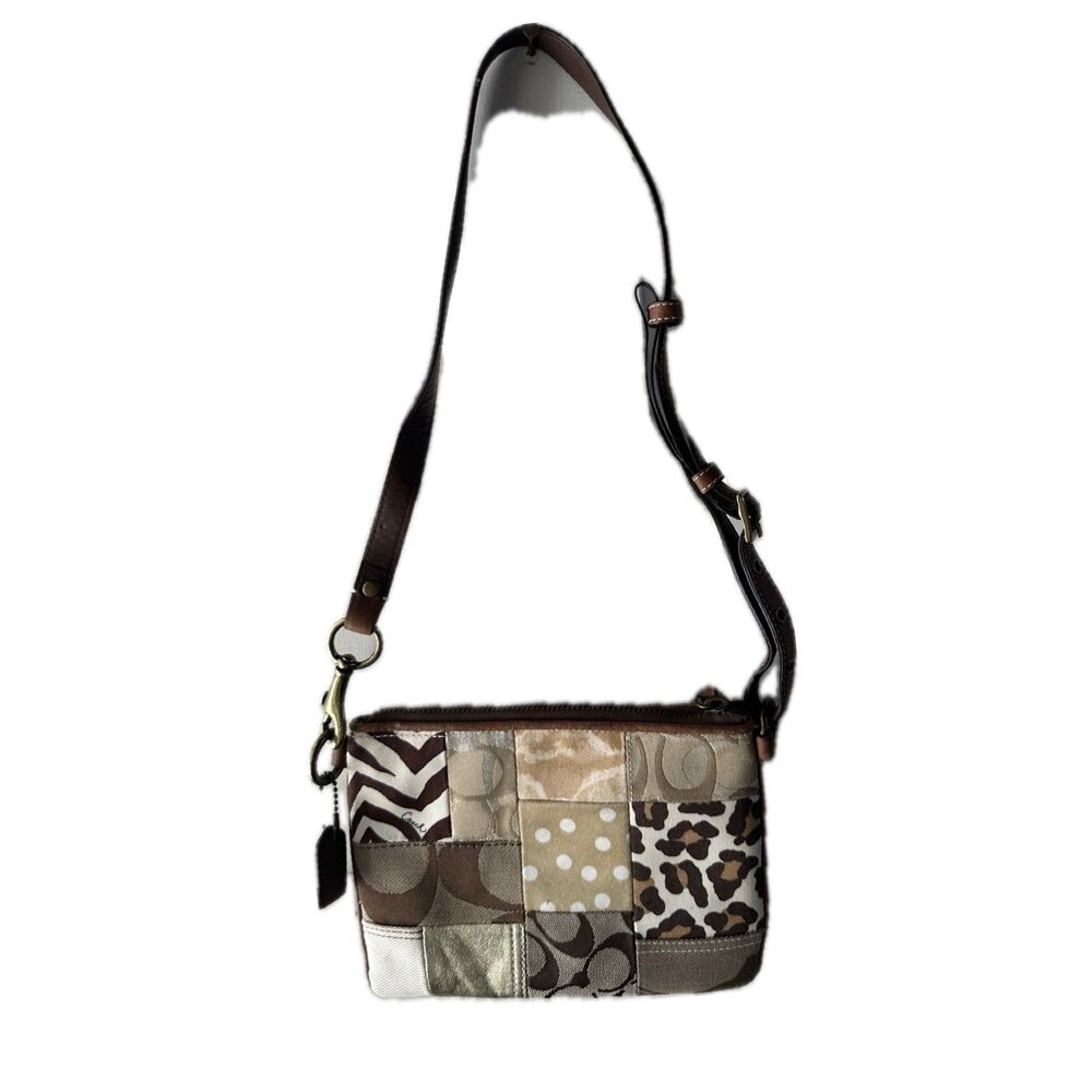 Vintage Coach Y2K Brown Patchwork Leopard One Shoulder Mini Purse Baguette